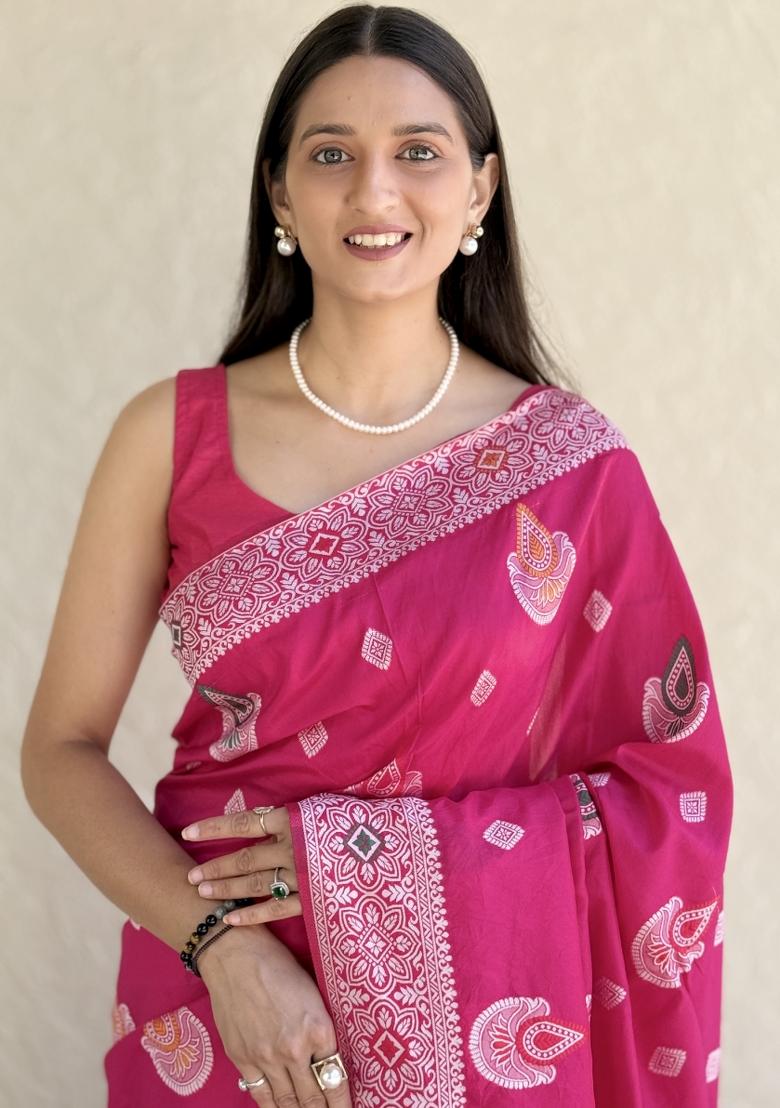 Gajri pink Solid Silk Saree