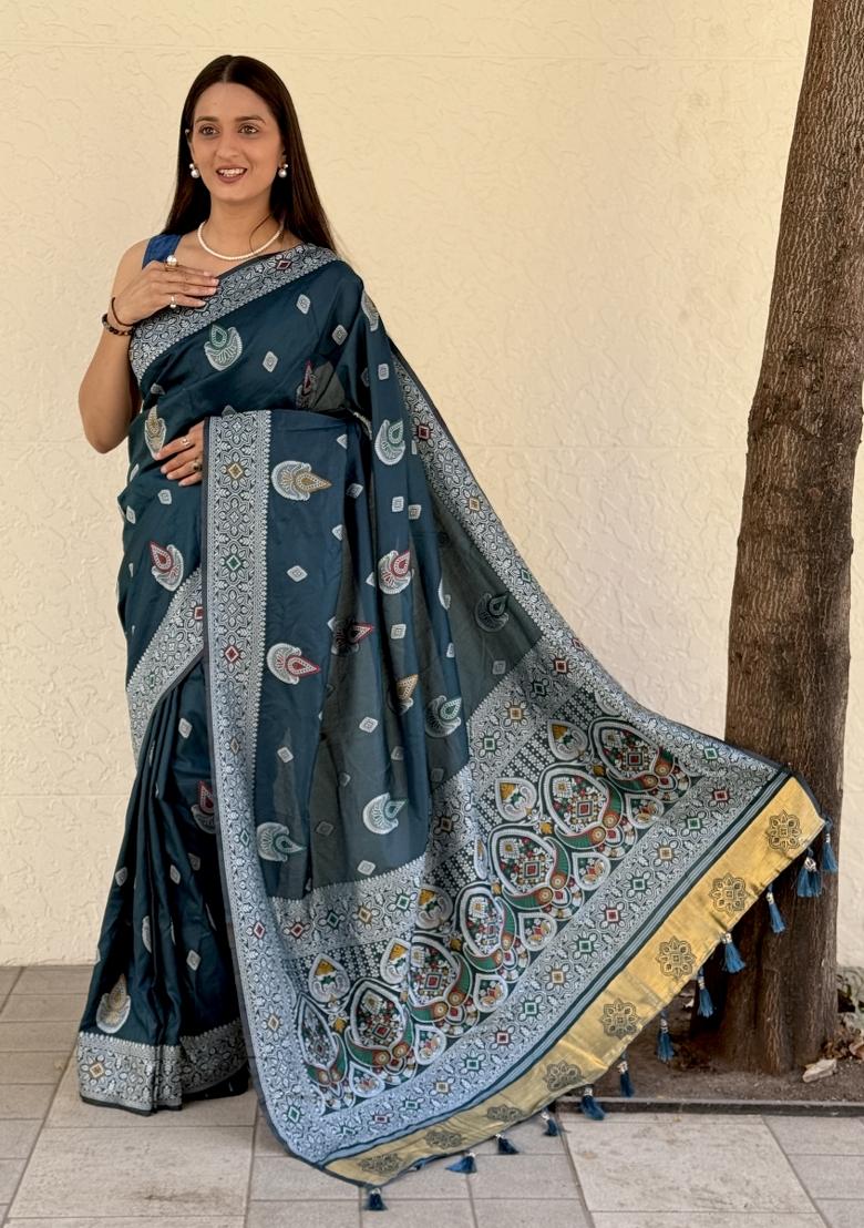 Rama green Solid Silk Saree