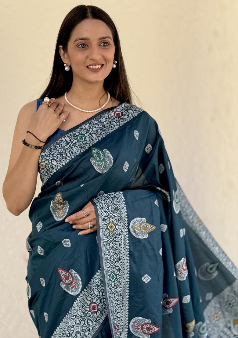 Rama green Solid Silk Saree