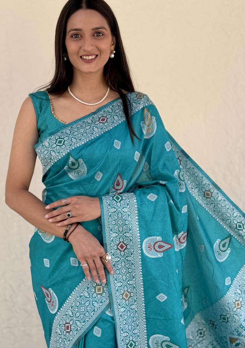 Sky Blue Solid Silk Saree