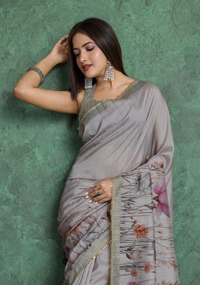 Grey Solid Art Silk Saree