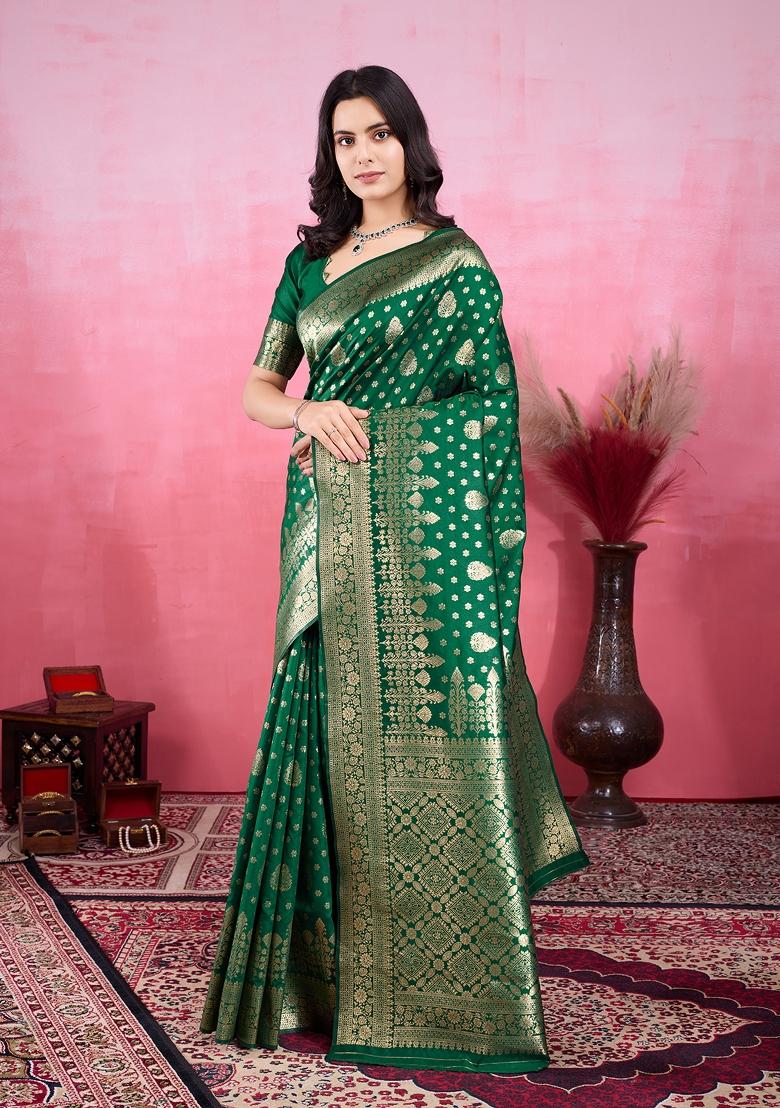 Green Solid Jacquard Saree