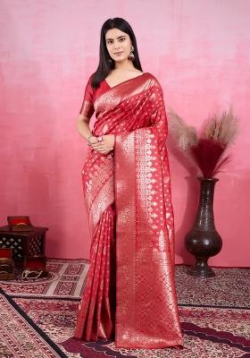 Red Solid Jacquard Saree