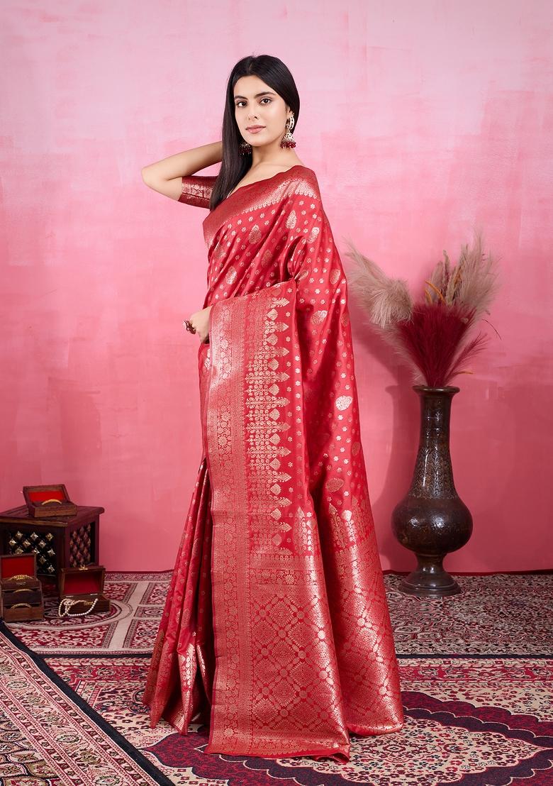 Red Solid Jacquard Saree