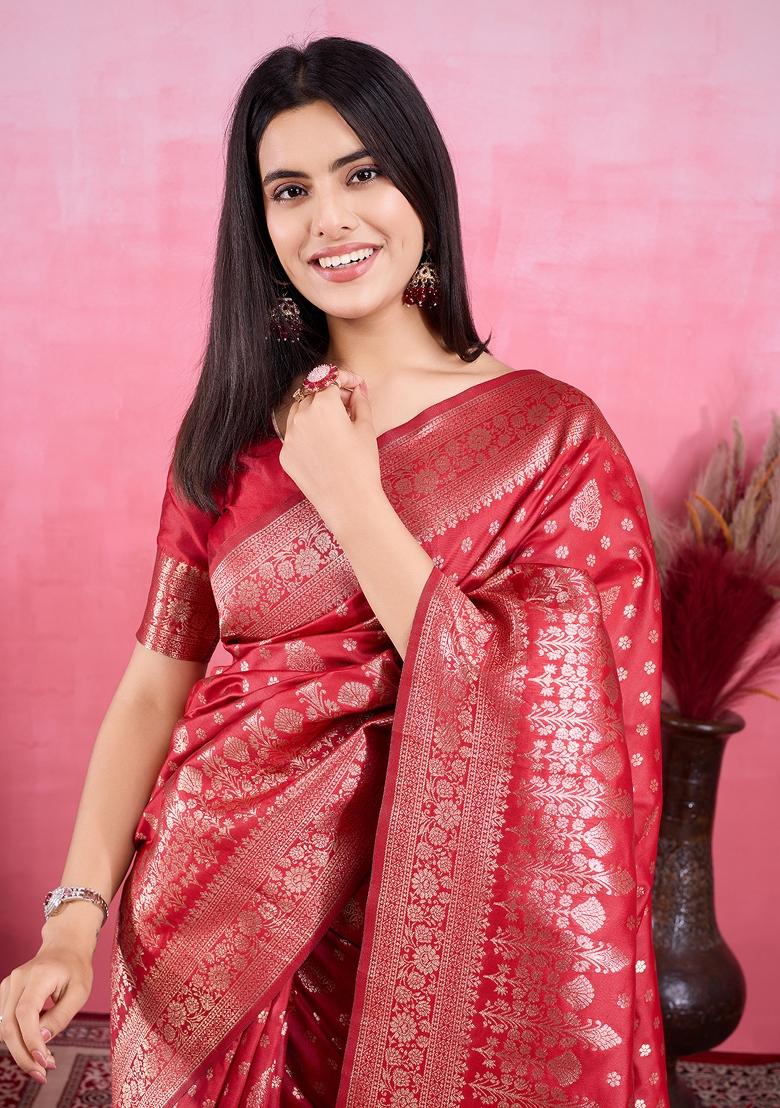 Red Solid Jacquard Saree
