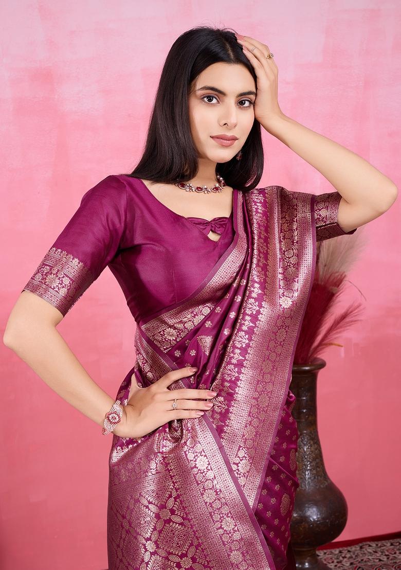 Wine Solid Jacquard Saree