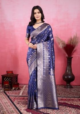 Navy Blue Solid Jacquard Saree
