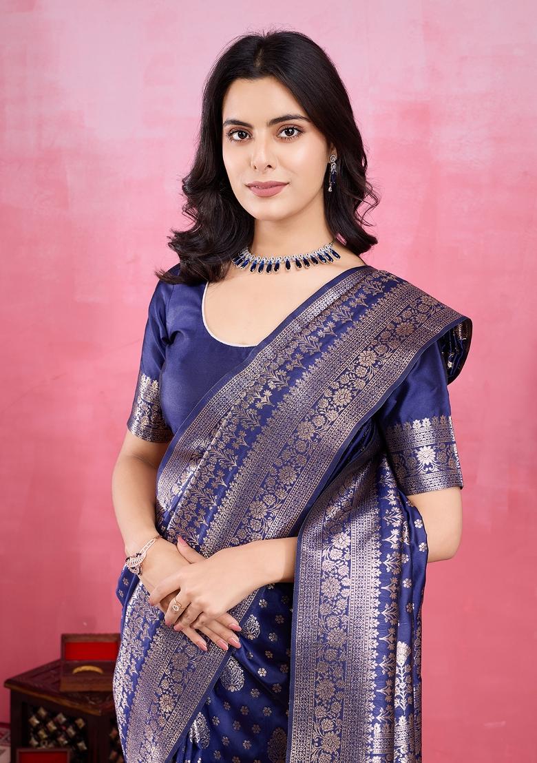 Navy Blue Solid Jacquard Saree