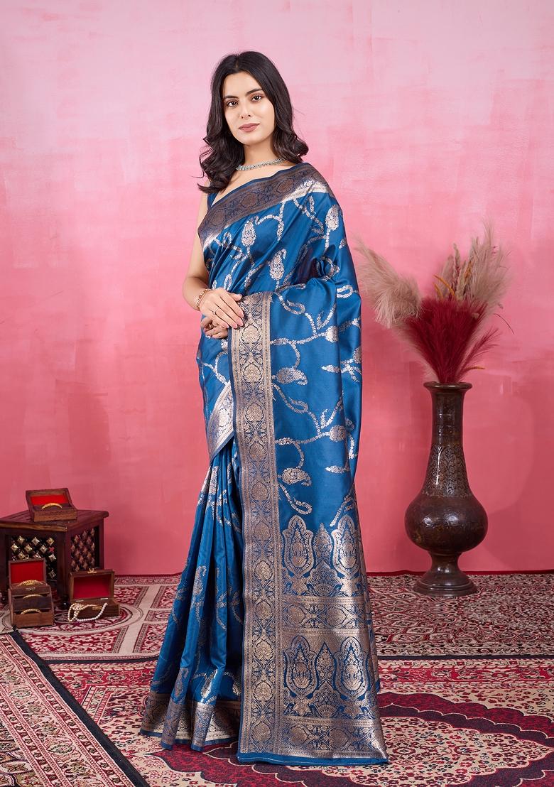 Mor Pich blue Solid Jacquard Saree