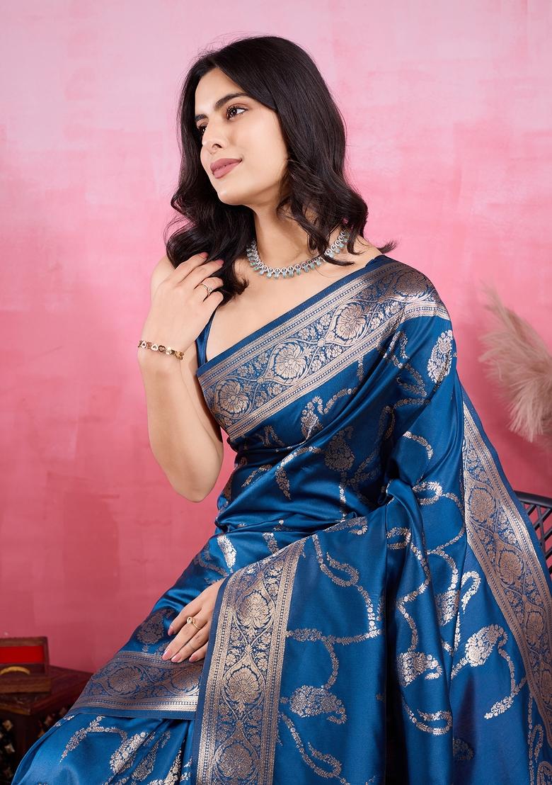 Mor Pich blue Solid Jacquard Saree