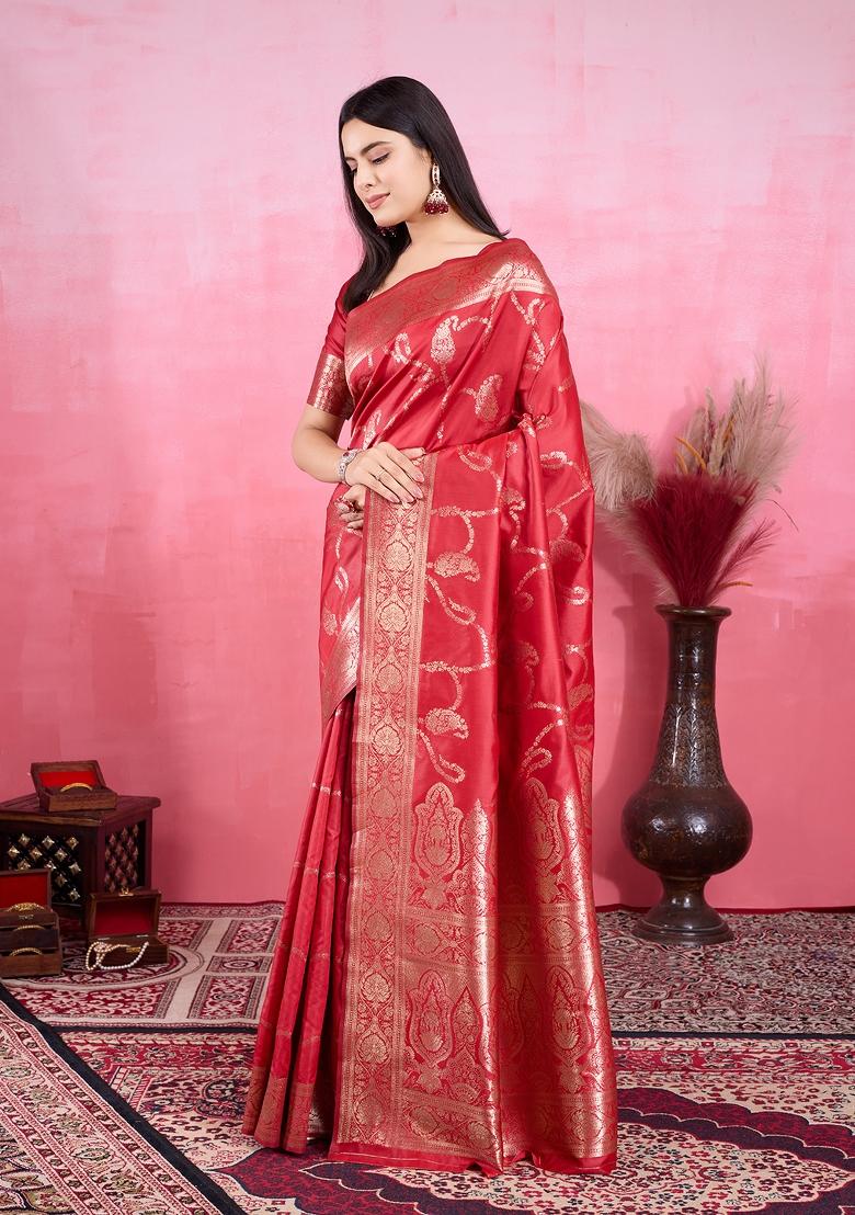 Red Solid Jacquard Saree