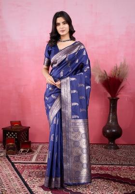 Blue Solid Jacquard Saree