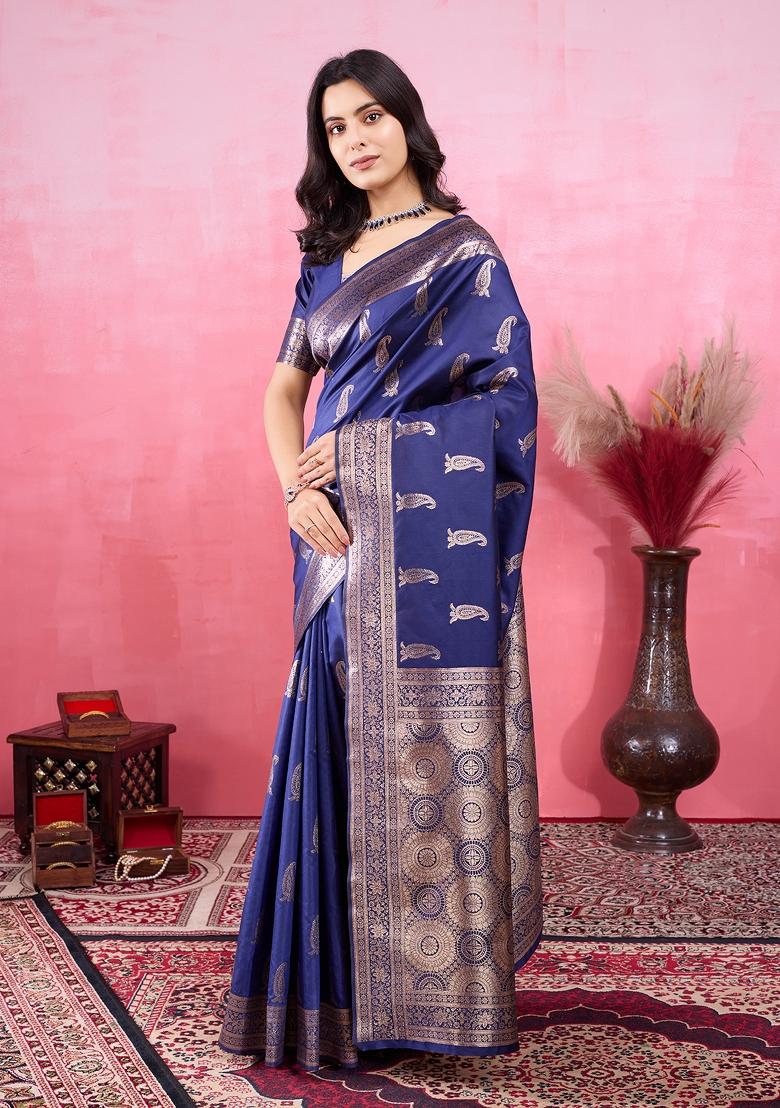 Blue Solid Jacquard Saree