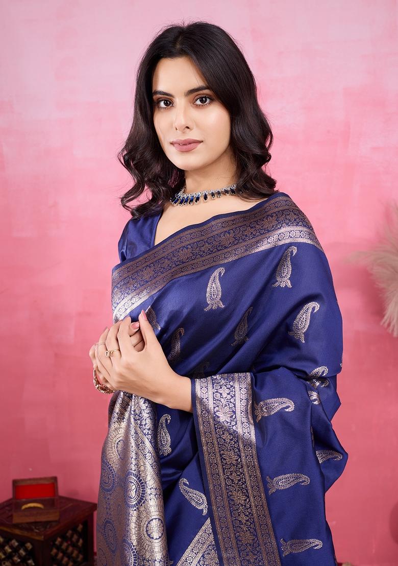 Blue Solid Jacquard Saree