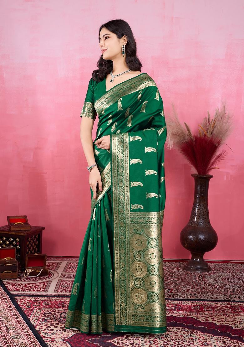 Green Solid Jacquard Saree