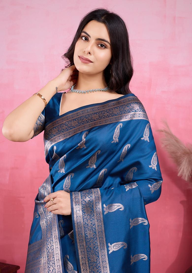 Mor Pich blue Solid Jacquard Saree
