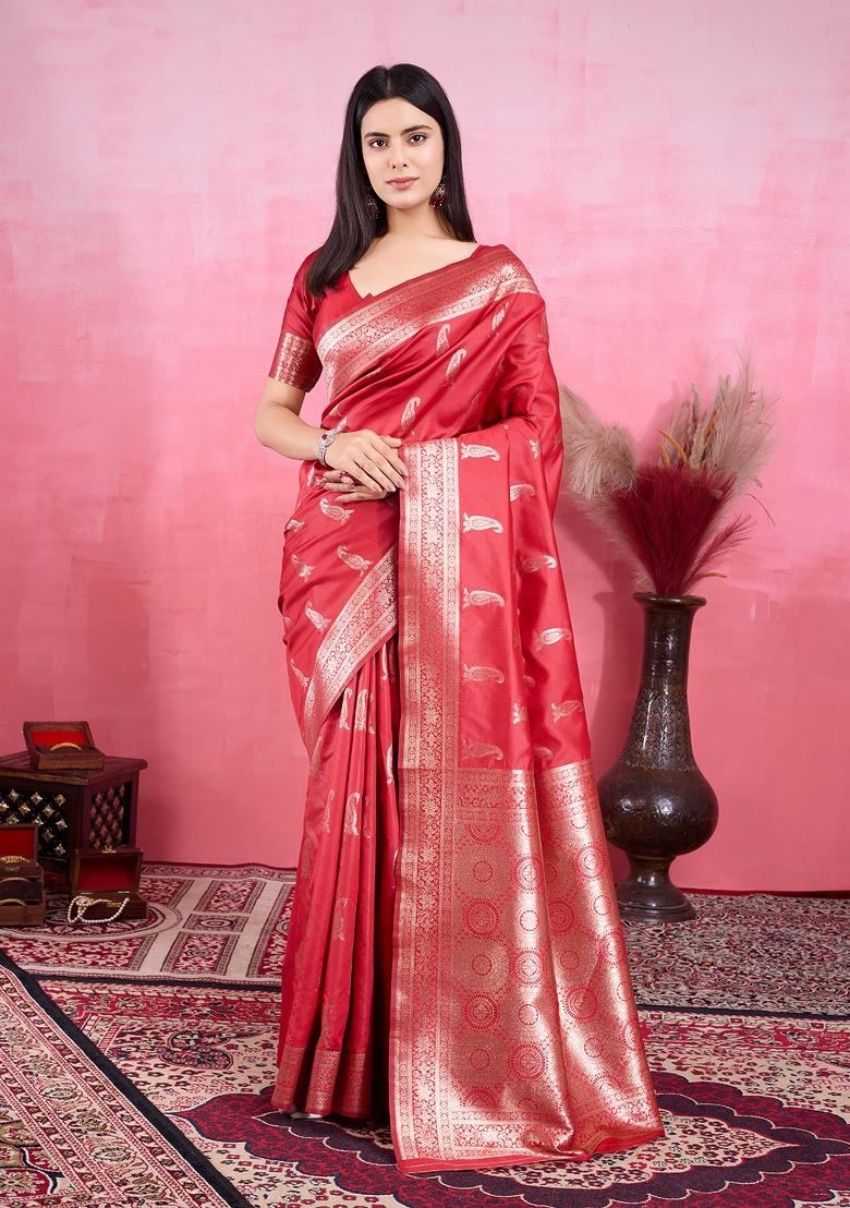 Red Solid Jacquard Saree