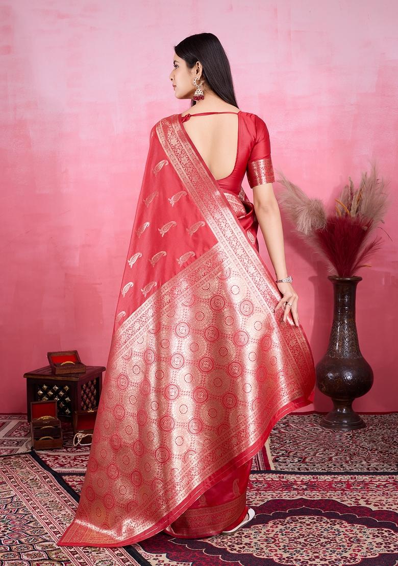 Red Solid Jacquard Saree