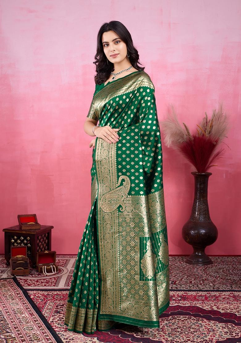 Green Solid Jacquard Saree