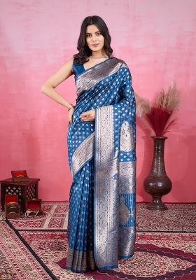 Mor Pich blue Solid Jacquard Saree