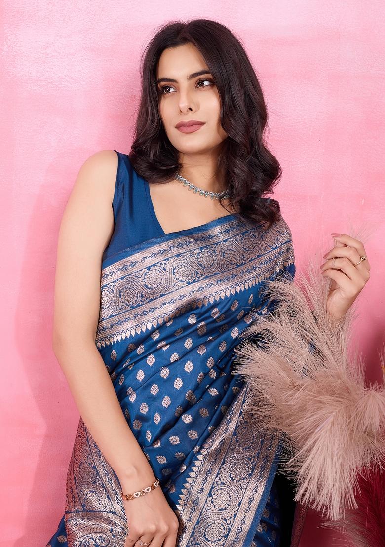 Mor Pich blue Solid Jacquard Saree