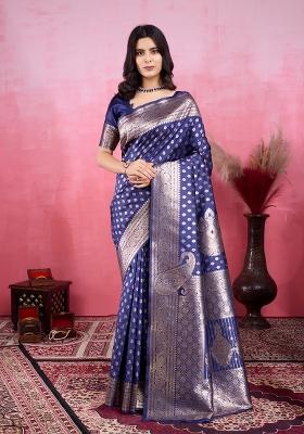 Navy Blue Solid Jacquard Saree