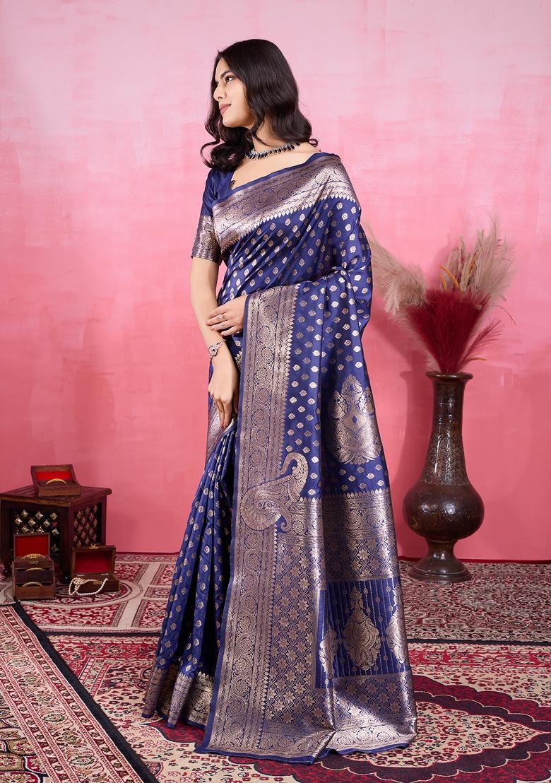 Navy Blue Solid Jacquard Saree