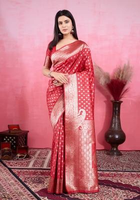 Red Solid Jacquard Saree