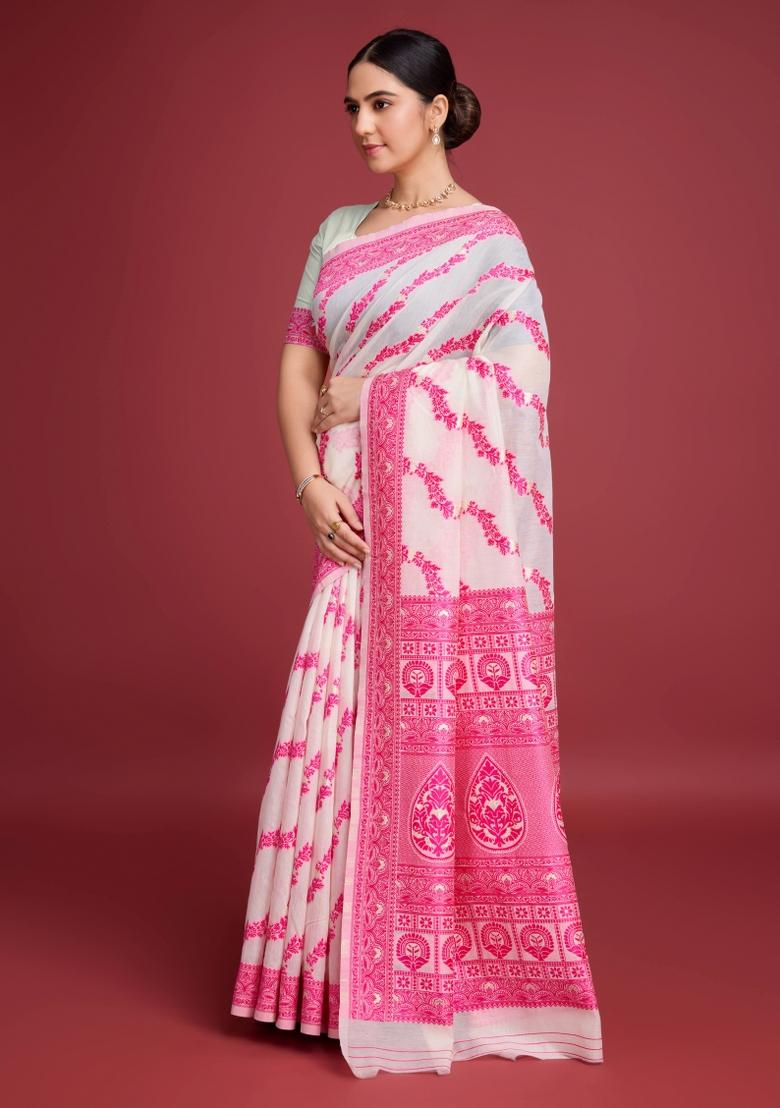 Pink Solid Cotton Saree