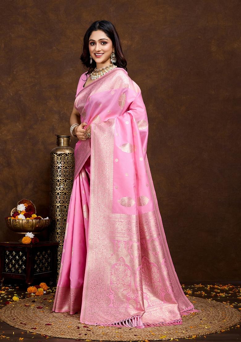 Pink Solid Silk Saree