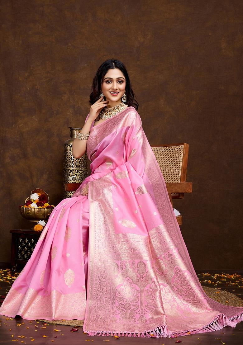 Pink Solid Silk Saree
