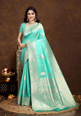 Sea Green Solid Silk Saree