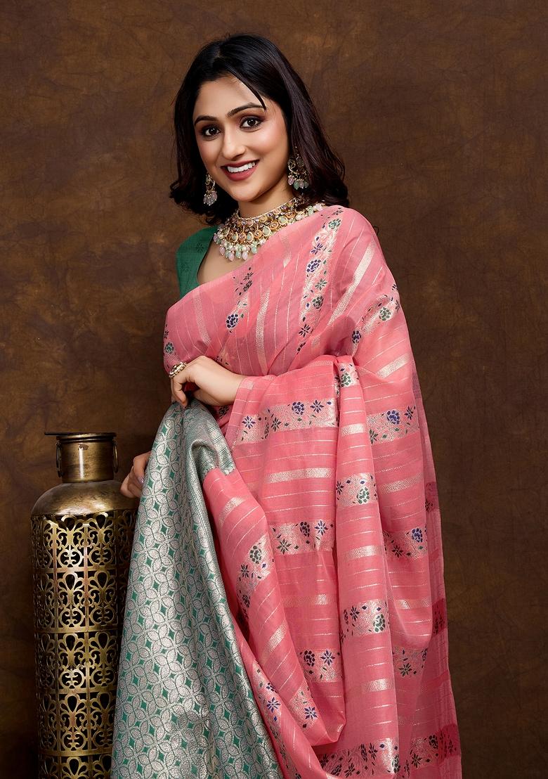 Gajri pink Solid Cotton Saree