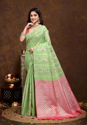 Pista Green  Solid Cotton Saree
