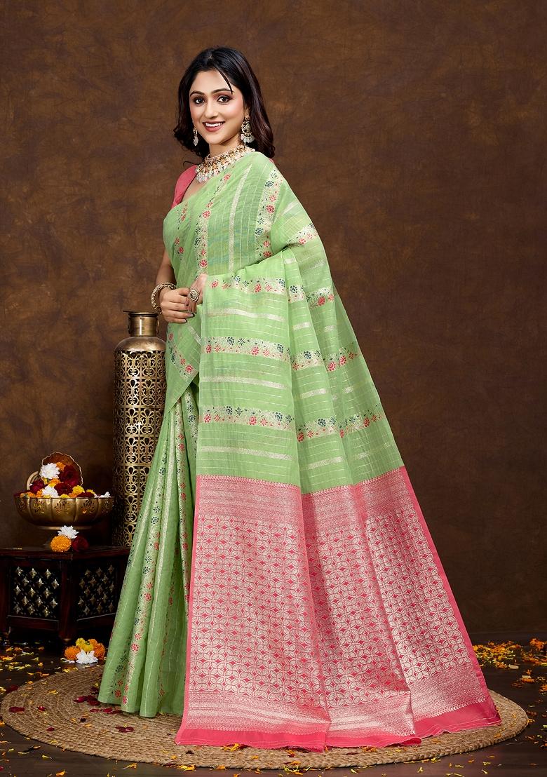 Pista Green  Solid Cotton Saree