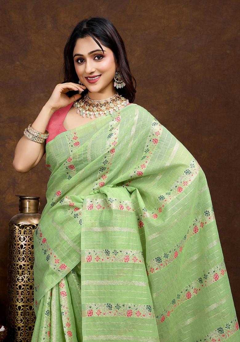 Pista Green  Solid Cotton Saree