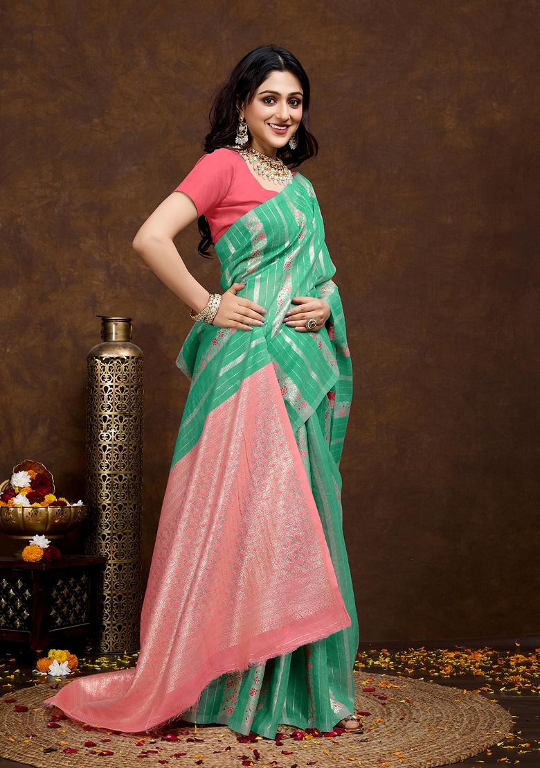 Sea Green Solid Cotton Saree