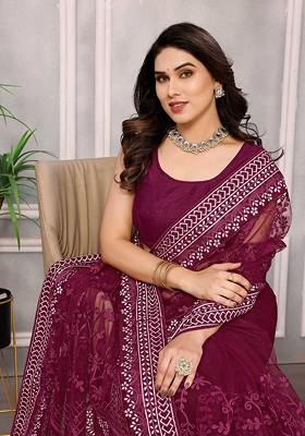 Burgundy Embroidered Poly Blend Saree Set With Blouse