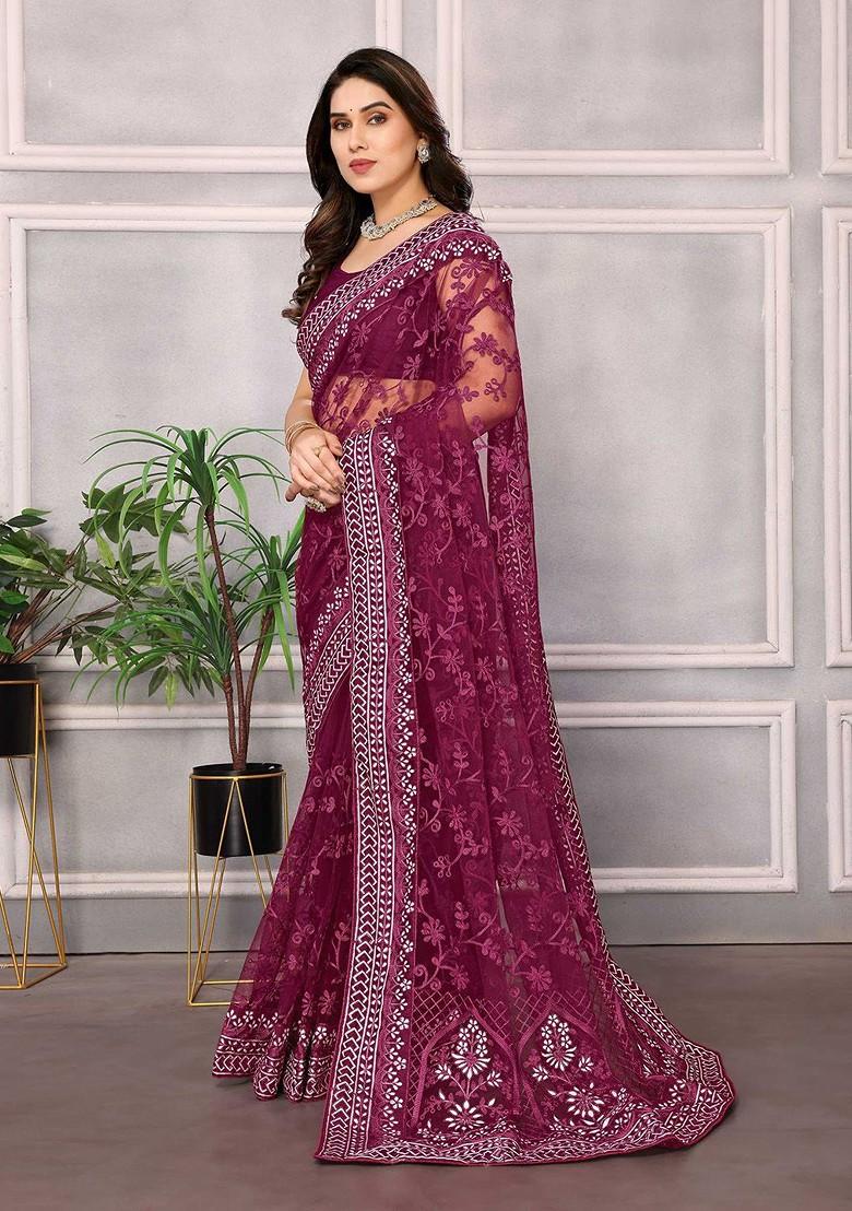 Burgundy Embroidered Poly Blend Saree Set With Blouse