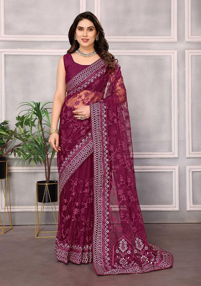 Burgundy Embroidered Poly Blend Saree Set With Blouse