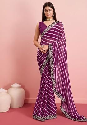 Purple Embroidered Poly Blend Saree Set With Blouse