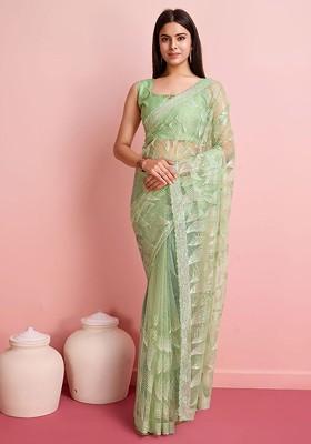 Olive Green Embroidered Poly Blend Saree Set With Blouse
