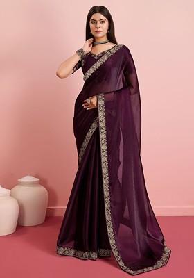 Purple Embroidered Poly Blend Saree Set With Blouse