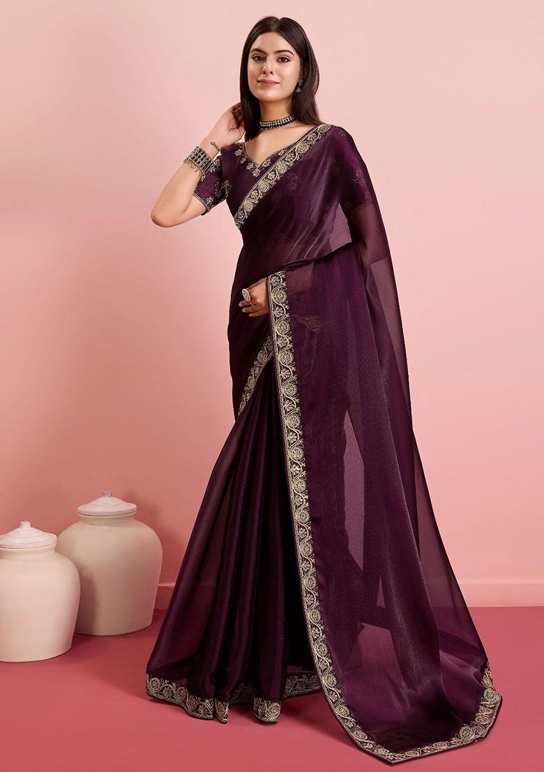 Purple Embroidered Poly Blend Saree Set With Blouse