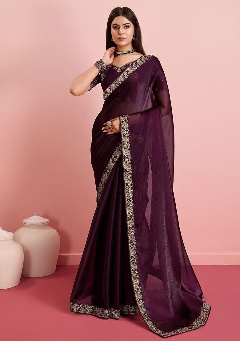 Purple Embroidered Poly Blend Saree Set With Blouse
