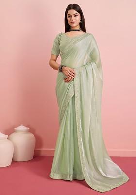 Olive Green Embroidered Poly Blend Saree Set With Blouse