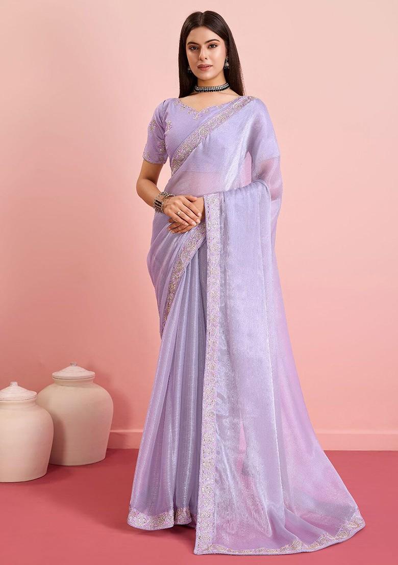 Lavender Embroidered Poly Blend Saree Set With Blouse