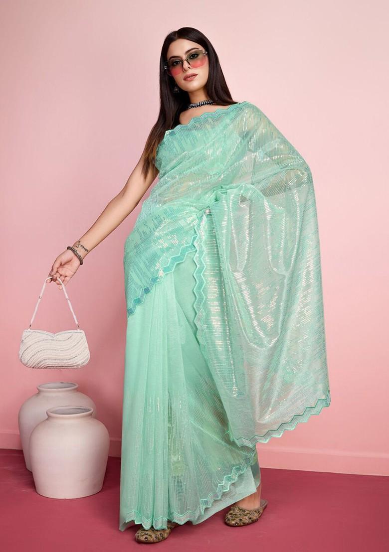 Turquoise Blue Embellished Poly Blend Saree Set With Blouse
