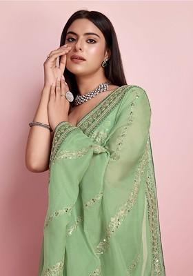 Olive Green Embroidered Poly Blend Saree Set With Blouse