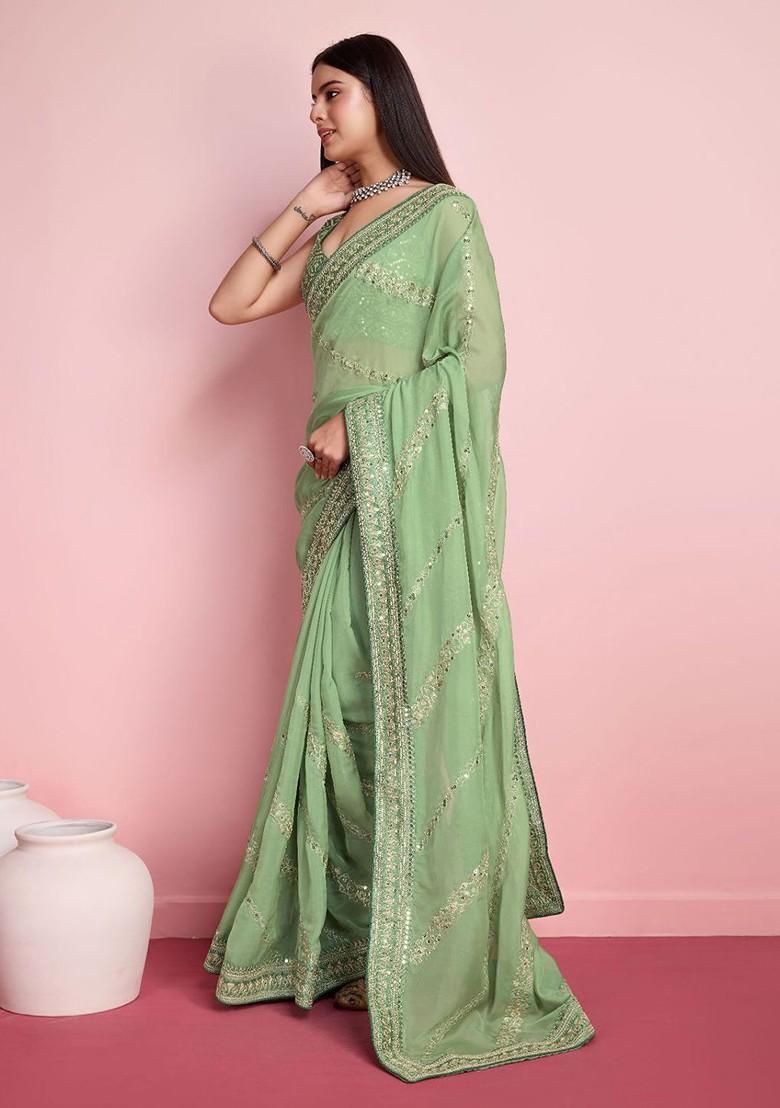 Olive Green Embroidered Poly Blend Saree Set With Blouse
